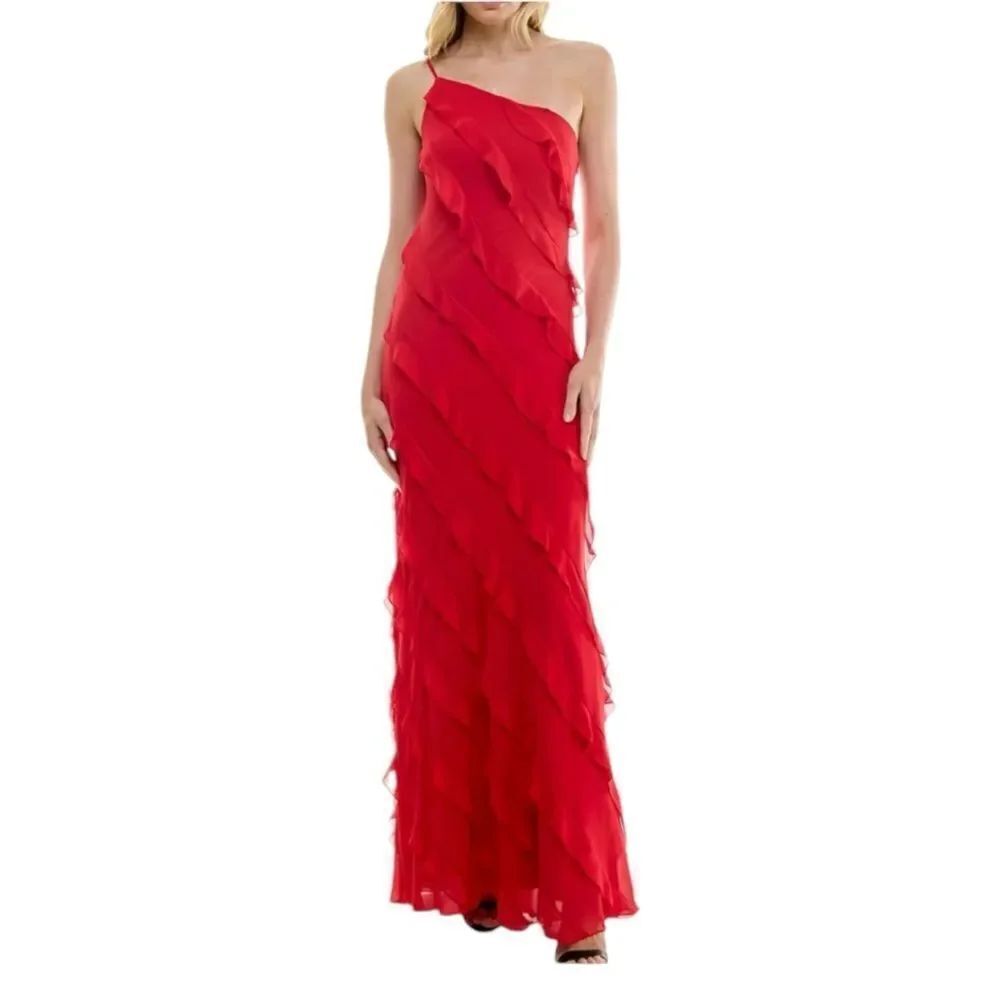 B. Darlin Tiered Ruffled One-Shoulder Gown Size 7/8 NWOT
